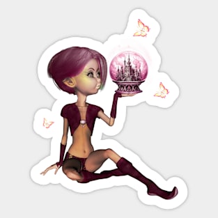 Little fairy looks at a glass sphere with a castle Sticker